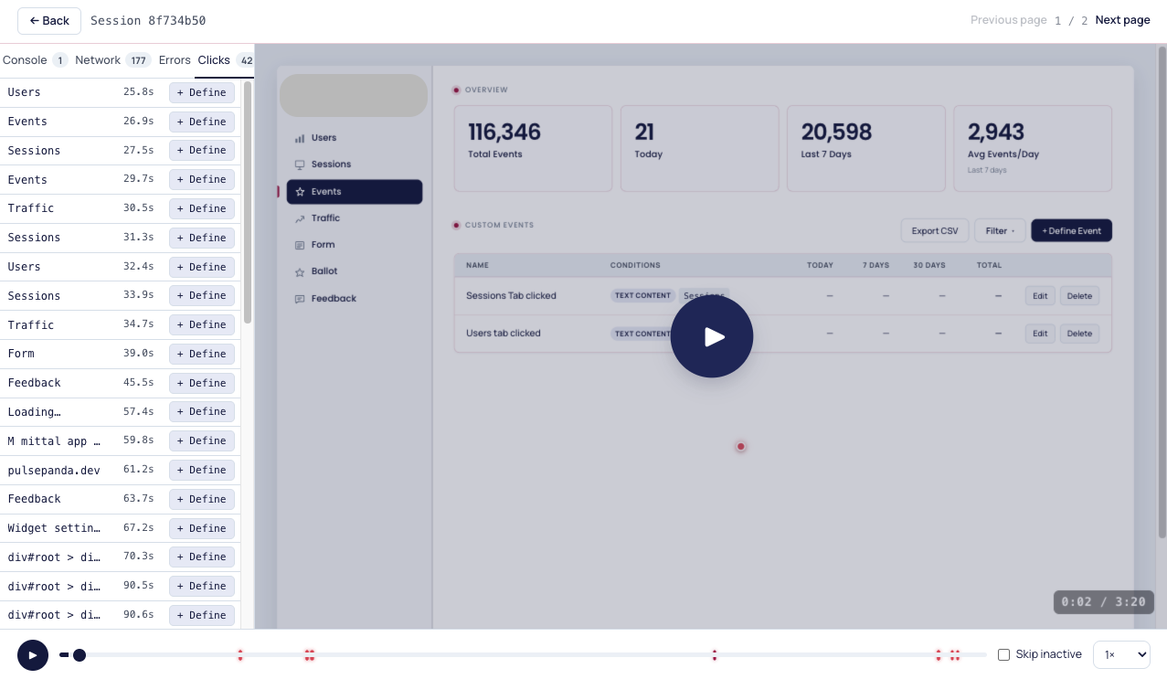 PulsePanda product analytics dashboard with session replay and user behavior insights